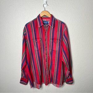 Vintage Wrangler‎ Western Pearl Snap Stripe Shirt Red Green Blue Striped XL